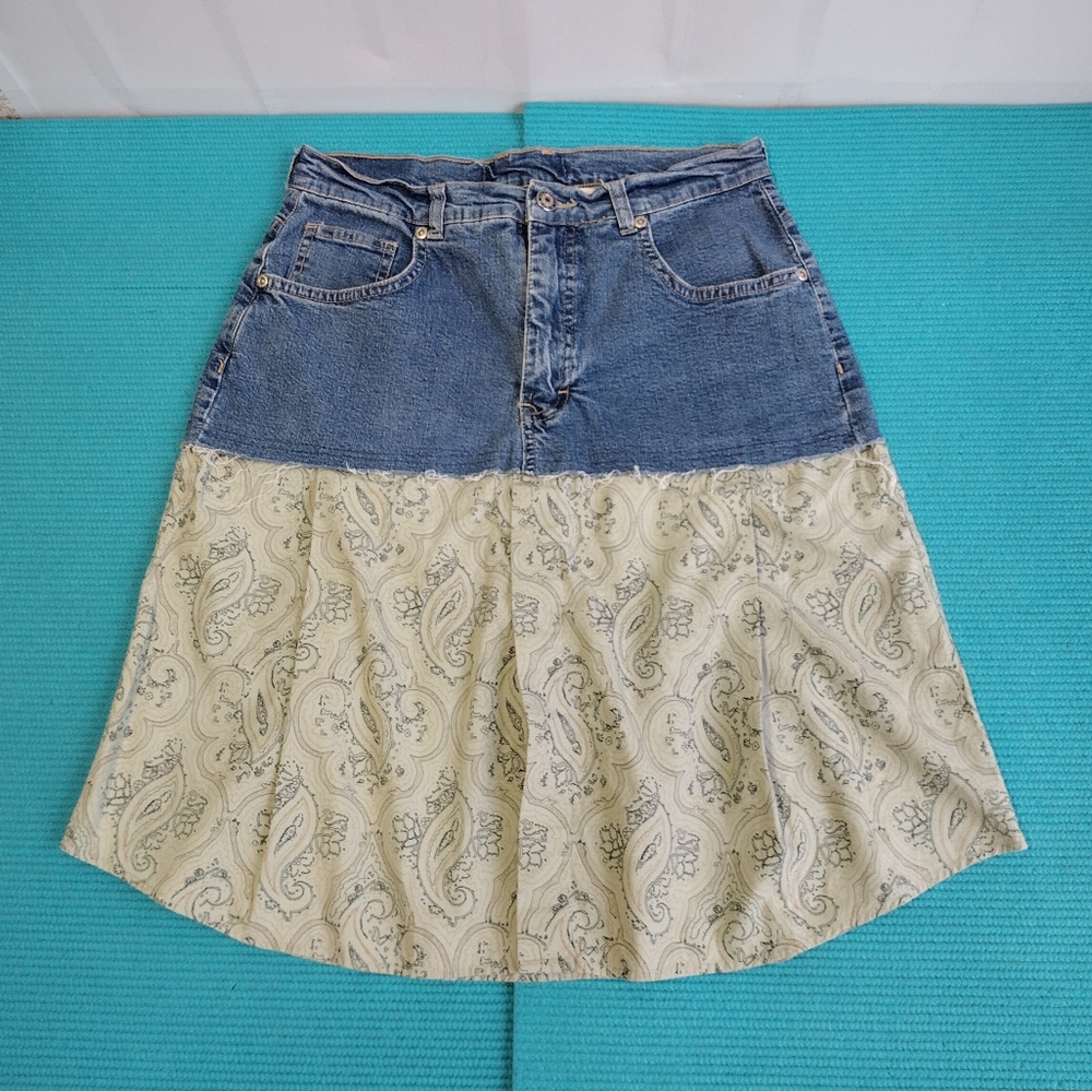 Resurrected Women's Blue Stretch Jean Denim & Cream Flared Skirt S Pet